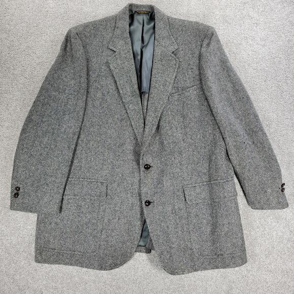 Vintage John Weitz Tweed Sport‎ Coat Mens XL Black White Herringbone Wool Lined - Picture 1 of 16